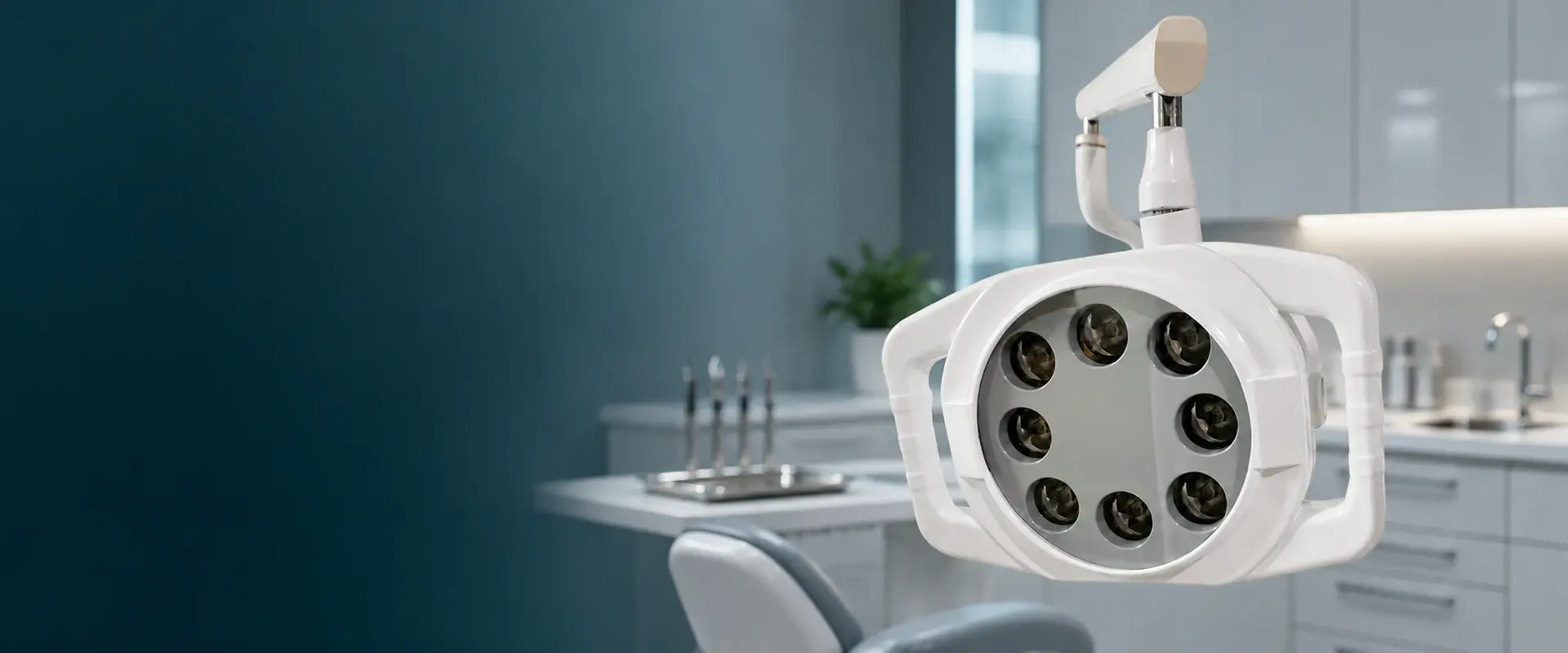 Eight-LED dental operating light in a professional procurement evaluation setting