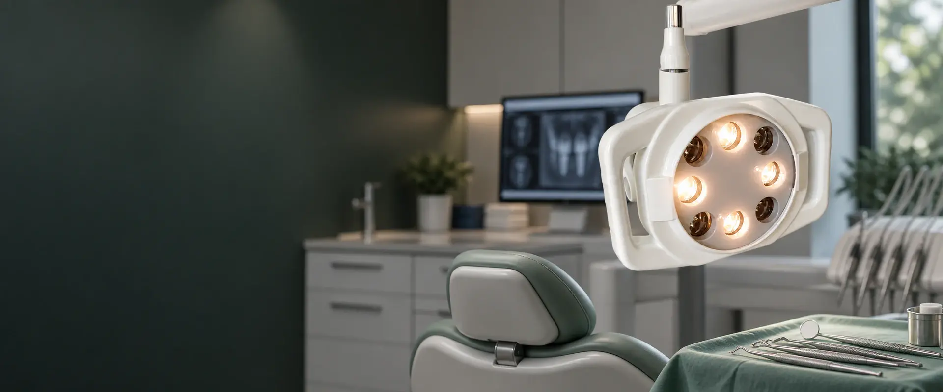 Denta Devices dental operating light positioned above an implant procedure treatment area